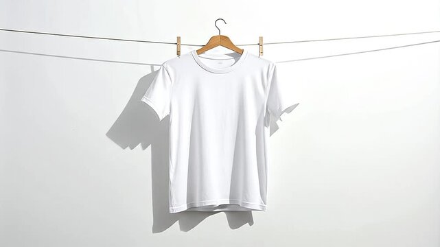 A clean white t-shirt hangs on a wooden hanger against a plain wall