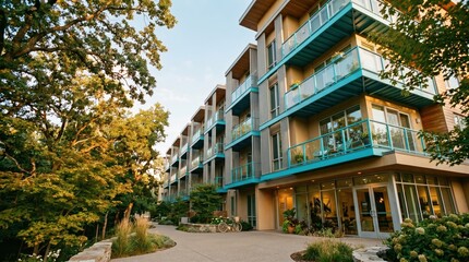 Fototapeta premium Modern apartment building featuring balconies beside tree lined walkway