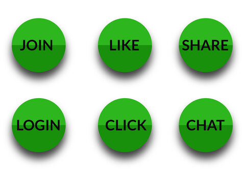 Green Web Button Set for Join, Like, Share and Chat Actions, Modern Glossy Green UI Button Collection for Website Interface