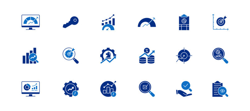 Key Performance Indicator icon set containing kpi, key, performance, indicator, scorecard, goal setting, benchmarking, analysis, strategy and EBITDA vector icons