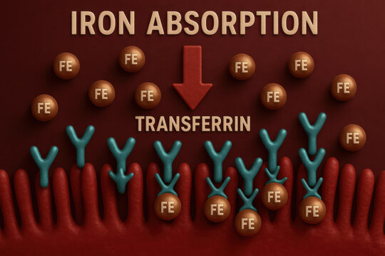 Fascinating biological illustration showing iron absorption process inside human small intestine with metallic copper molecule binding to blue transferrin protein against deep red background