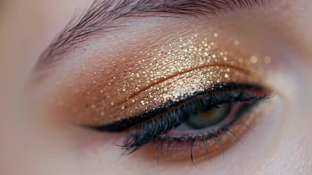 Close-up of a woman's eye with golden glitter eyeshadow and black eyeliner