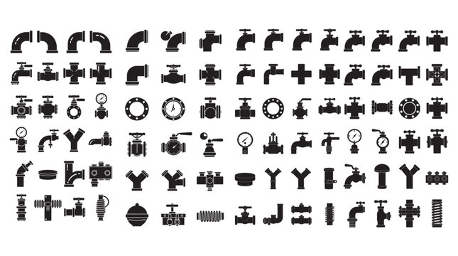 Plumbing Pipe Fittings Silhouette Icons Set Valves Connectors Industrial Pipeline Vector Collection