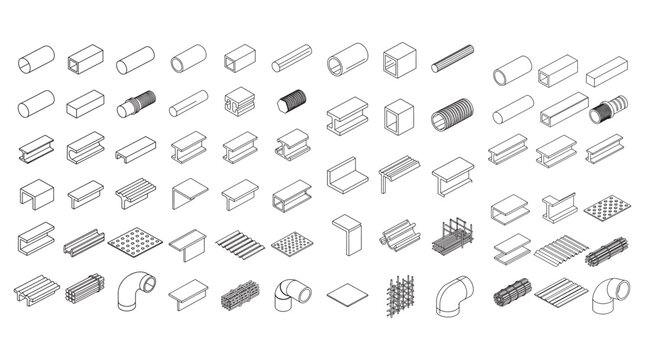 Isometric Metal Profile and Industrial Construction Material Technical Line Art Icon Set