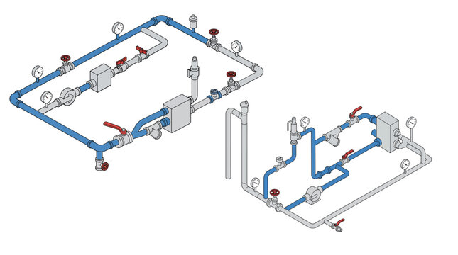 Plumbing Piping Schematic Diagram With Valves and Hydronic Heating Loop Isometric Illustration