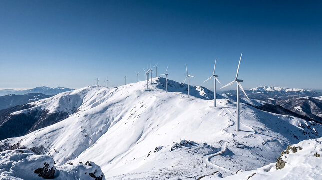 Modern wind turbines along snow-covered mountain ridgeline harmonious coexistence of renewable