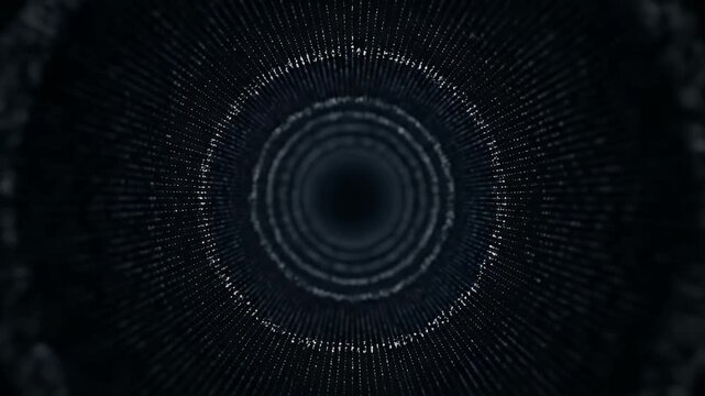 Abstract digital particle tunnel moving through a dark futuristic vortex with glowing