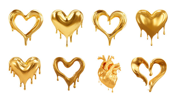PNG Golden melting heart set with liquid gold drips, chrome metallic texture and anatomical shape for creative branding or abstract concept isolated on transparent background