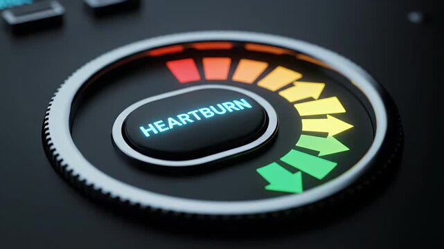 Heartburn level indicator dial moving from low green to high red on a black console.