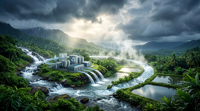 Monsoon rain water cycle reclamation concept with circular flow from rainfall through purification