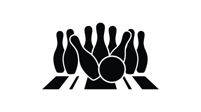 Black silhouette illustration of a bowling ball striking a set of pins to create a perfect strike in a fun recreational game of ten pin bowling