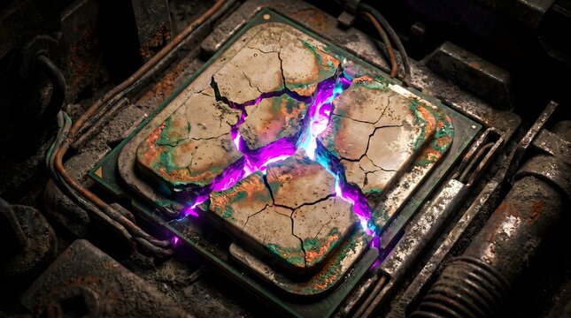 Cracked Computer Processor with Glowing Neon Energy Emerging from Hardware Damage - System Failure Concept
