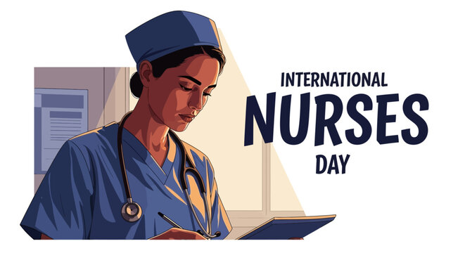 Illustration of a thoughtful female nurse in scrubs writing notes on a chart with a stethoscope around her neck, set against a bright background with 'International Nurses Day' text