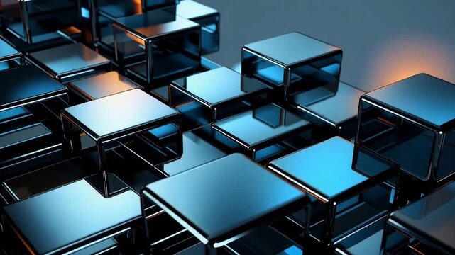 Different blocks move and change in size and shape in a digital space. Light interacts with reflections, creating layers of depth and contrast in the environment.