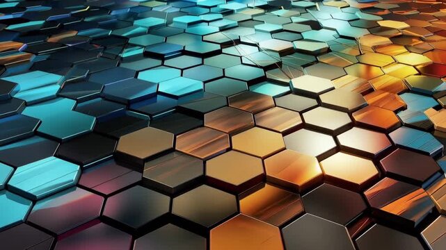 Colorful hexagonal shapes fill the view, with light reflecting off their surfaces. The patterns shift and change, creating a dynamic visual experience at different angles.