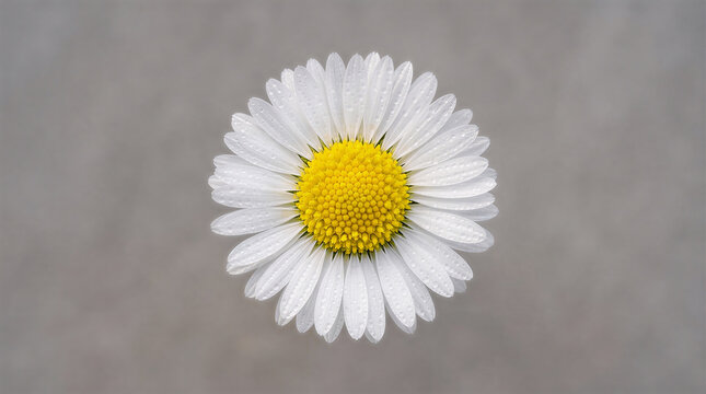 Foto Makro Bunga Daisy Putih dengan Tetesan Embun Segar pada Latar Belakang Abu-abu Minimalis