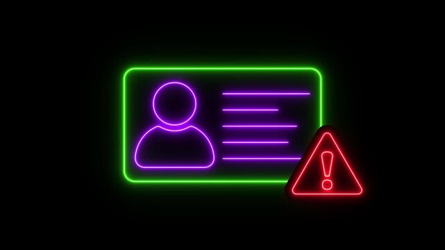 Neon ID card warning animation. Glowing Personal data verification not approved motion. id card Verification Error Concept design. Information not valid 4k video.