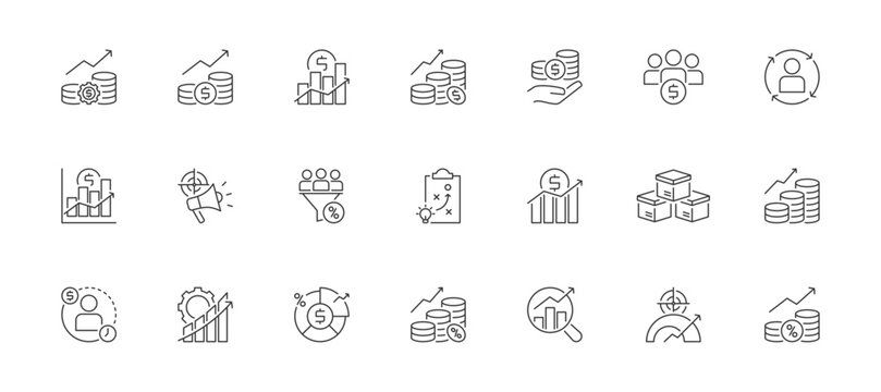 Revenue Performance Management icon set containing revenue, performance, profit, income, customer, customer lifecycle, sales, marketing and conversion rate vector icons
