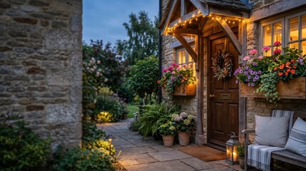 Fototapeta premium Cottage doorway adorned with lights and flower boxes on garden path