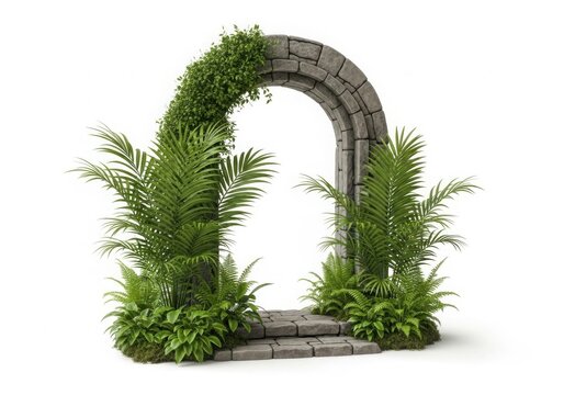 Stone archway covered with lush green ivy and plants