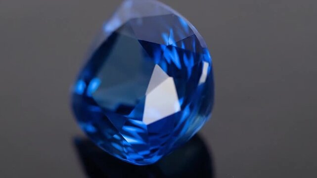 A brilliant blue gemstone with intricate facets reflecting light on a dark surface