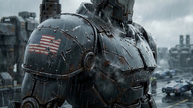 Faded american flag painted on battle scarred mecha robot armor
