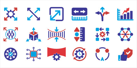 Fototapeta premium scalability icon set bundle. expand, scalable, scalability, scale, arrow, growth, resize, flexibility and more. simple flat colored vector