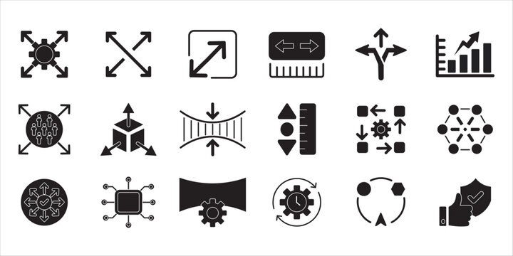 scalability icon set bundle. expand, scalable, scalability, scale, arrow, growth, resize, flexibility and more. simple flat solid vector