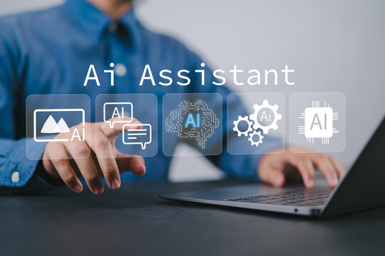 Person using AI assistant interface on laptop, representing artificial intelligence in daily life, smart technology, virtual assistance, and productivity enhancement tools.