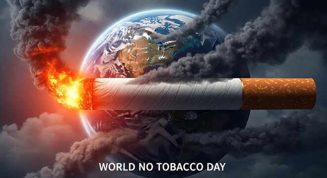 World No Tobacco Day Planet Earth engulfed by a burning cigarette's smoke, a stark visual of tobacco's global devastation