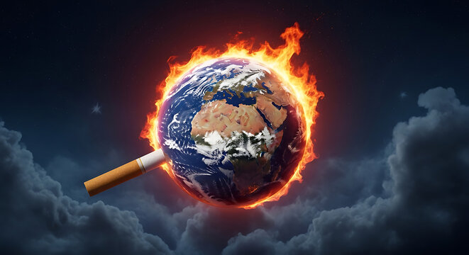 World No Tobacco Day A Burning Planet Earth Ignited by a Cigarette, Symbolizing Environmental Destruction and Health Risks