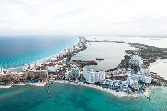 Aerial panoramic view of Cancun beach and city hotel zone in Mexico. Caribbean coast landscape of Mexican resort