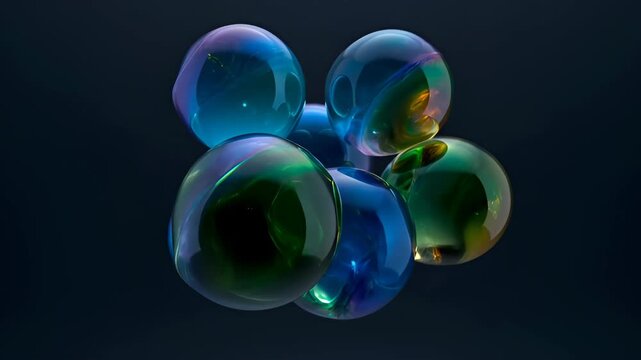 Abstract liquid fluid blob organic glass spheres cluster on dark background with glossy transparent glow blue and green reflections, futuristic 3d render