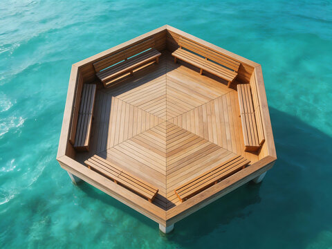 Wooden hexagonal deck in turquoise water symbolizing exploration and the great outdoors