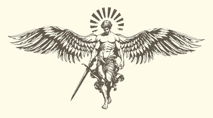 Fototapeta premium An angelic winged figure with a sword and halo vintage sketch celestial mythology religious guardian messenger illustration monochrome classical sunburst radiance strength protection