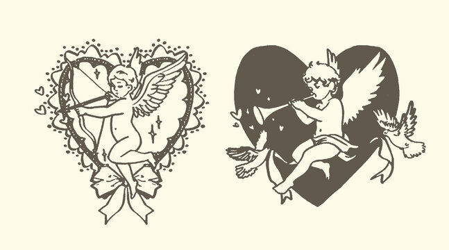 Two cupids within heart shapes one aiming a bow sketch style illustration valentine mythology mythical creature spiritual religious celebration anniversary birthday greeting affection