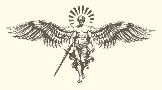 An angelic winged figure with a sword and halo vintage sketch celestial mythology religious guardian messenger illustration monochrome classical sunburst radiance strength protection