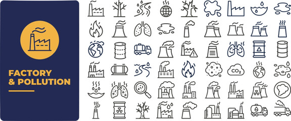Fototapeta premium Factory Pollution and Industrial outline icon set. Featuring smoke, chimney, waste, emission, and toxic symbols. Editable stroke vector icons for environmental impact and ecology.