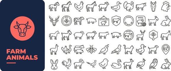 Farm Animal and Livestock outline icon set. Featuring cow, pig, chicken, sheep, and horse symbols. Editable stroke vector icons for agriculture business and dairy farm design. © Pixel_Forge
