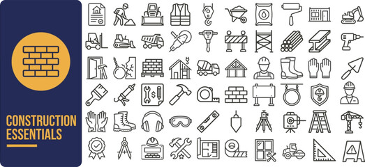 Construction Essential and Building Tool outline icon set. Featuring helmet, crane, hammer, brick, and worker symbols. Editable stroke vector icons for engineering site and architecture. © Pixel_Forge