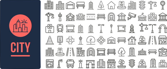 City Skyline and Urban Building outline icon set. Featuring skyscraper, house, apartment, tower, and landmark symbols. Editable stroke vector icons for real estate and architecture design. © Pixel_Forge