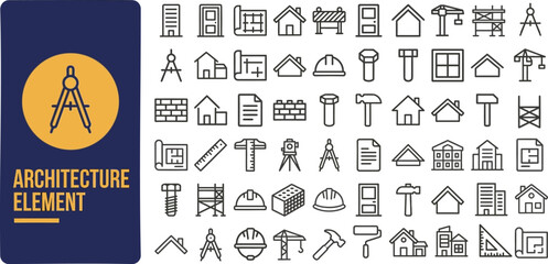 Naklejka premium Architecture Element and Building outline icon set. Featuring column, arch, window, door, and facade symbols. Editable stroke vector icons for architect portfolio and real estate design.