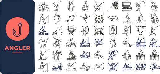 Angler and Fishing Sport outline icon set. Featuring rod, hook, bait, fisherman, and boat symbols. Editable stroke vector icons for fishing hobby and outdoor recreation design. © Pixel_Forge