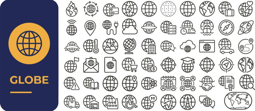 Globe World and Earth outline icon set. Featuring planet, map, country, continent, and travel symbols. Editable stroke vector icons for international business and global communication.