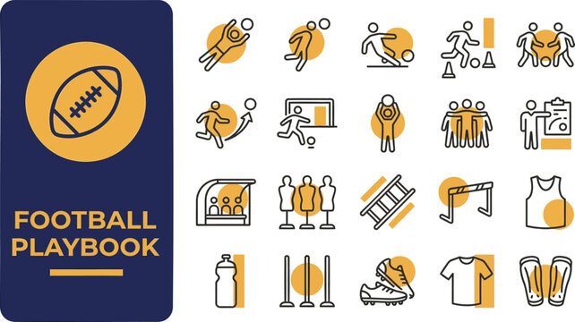 Football Playbook and American Sport outline icon set. Featuring helmet, ball, player, touchdown, and field symbols. Editable stroke vector icons for sport league and team strategy.