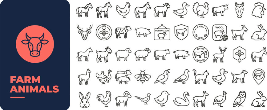 Farm Animal and Livestock outline icon set. Featuring cow, pig, chicken, sheep, and horse symbols. Editable stroke vector icons for agriculture business and dairy farm design.