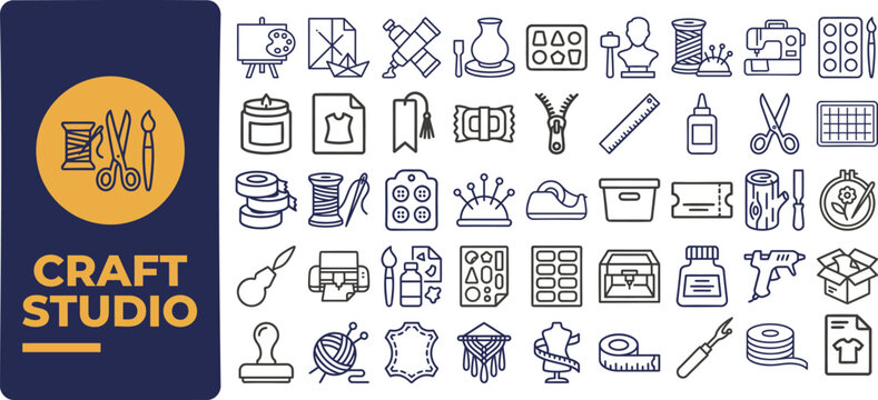 Craft Studio and Handmade Hobby outline icon set. Featuring sewing, knitting, pottery, scissors, and DIY symbols. Editable stroke vector icons for artisan workshop and creative class.