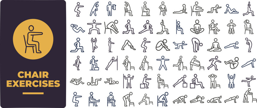 Chair Exercise and Senior Workout outline icon set. Featuring sitting stretch, yoga, fitness, rehab, and posture symbols. Editable stroke vector icons for elderly wellness program.