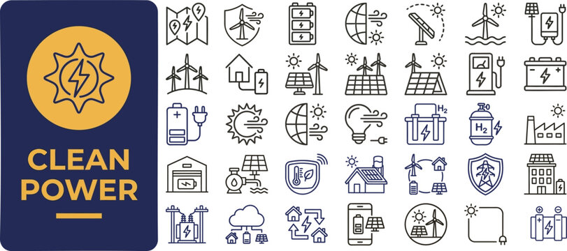 Clean Power and Renewable Energy outline icon set. Featuring solar panel, wind turbine, battery, hydro, and eco symbols. Editable stroke vector icons for sustainable energy presentation.
