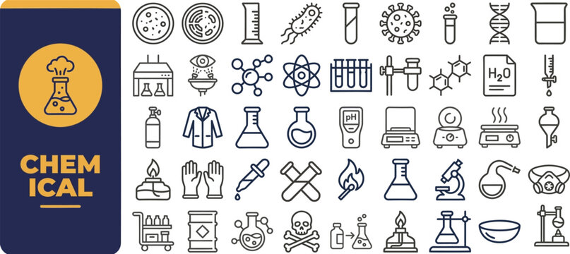 Chemistry Laboratory and Science outline icon set. Featuring beaker, flask, molecule, test tube, and atom symbols. Editable stroke vector icons for lab research and education.
